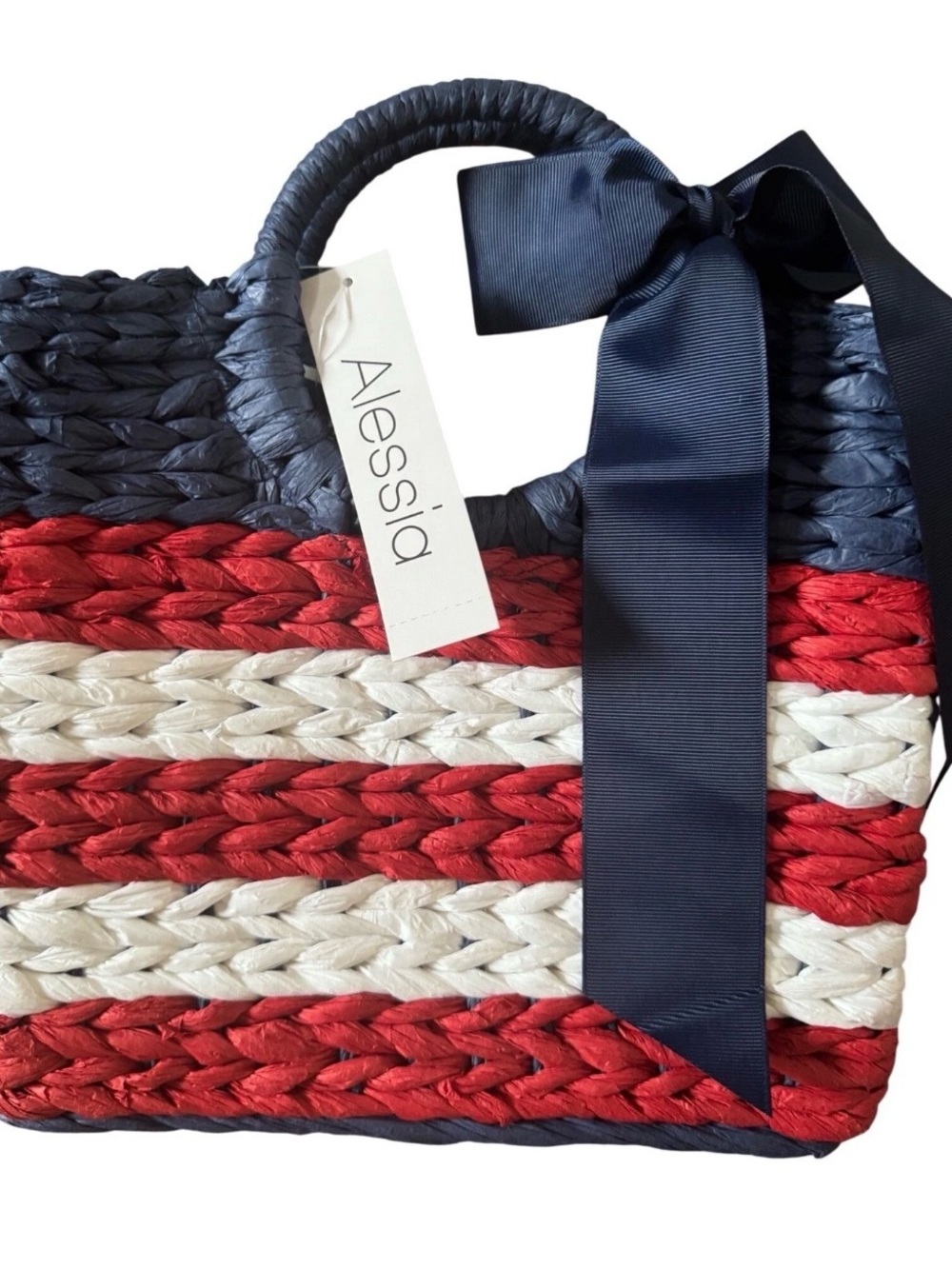 Viral Alessia Patriot 4th of July Small Straw Red Blue White Tote NWT